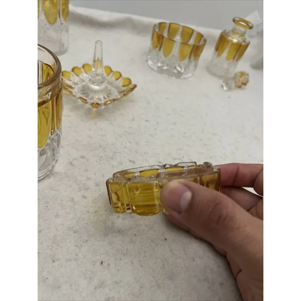 Antique Circa 1908 Val St Lambert Yellow & Clear Glass 8 Piece Vanity Set